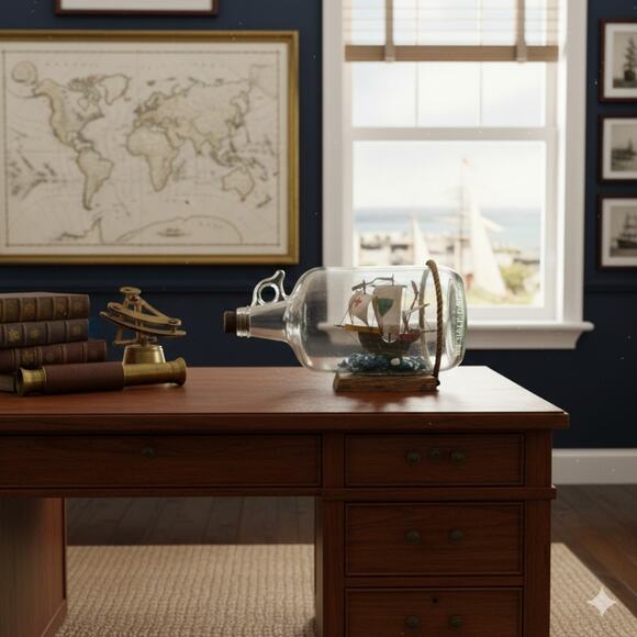 Vtg Ship in a Bottle Nautical Sail Model Miniature Art Nautical 10.5"W MCM - Picture 2 of 10